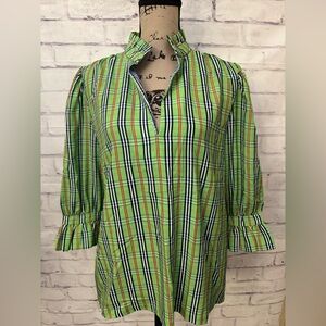 Gretchen Scott Med Green Sunshine Plaid Ruffleneck Tunic Top Blouse Preppy